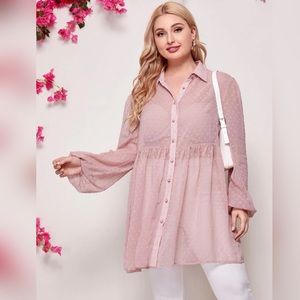 NWOT SHEIN Pink Lantern Sleeve Button Down Sheer Blouse